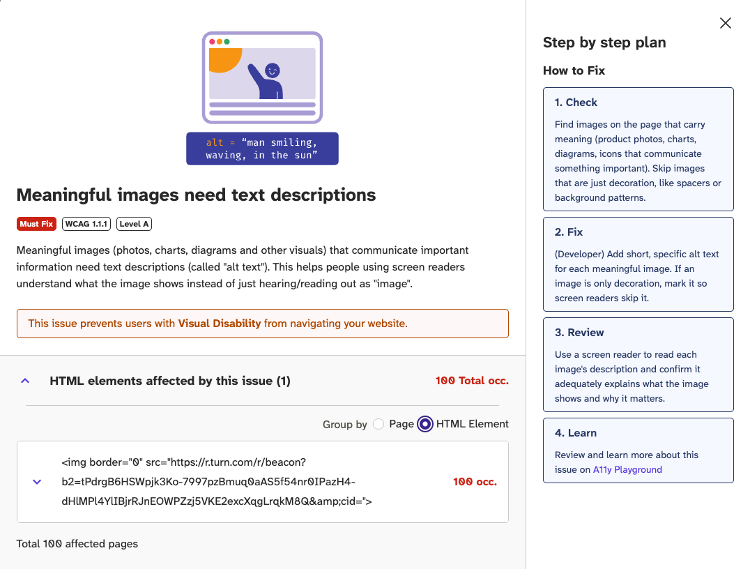 Description of how detected issues can be resolved on Oobee's reports