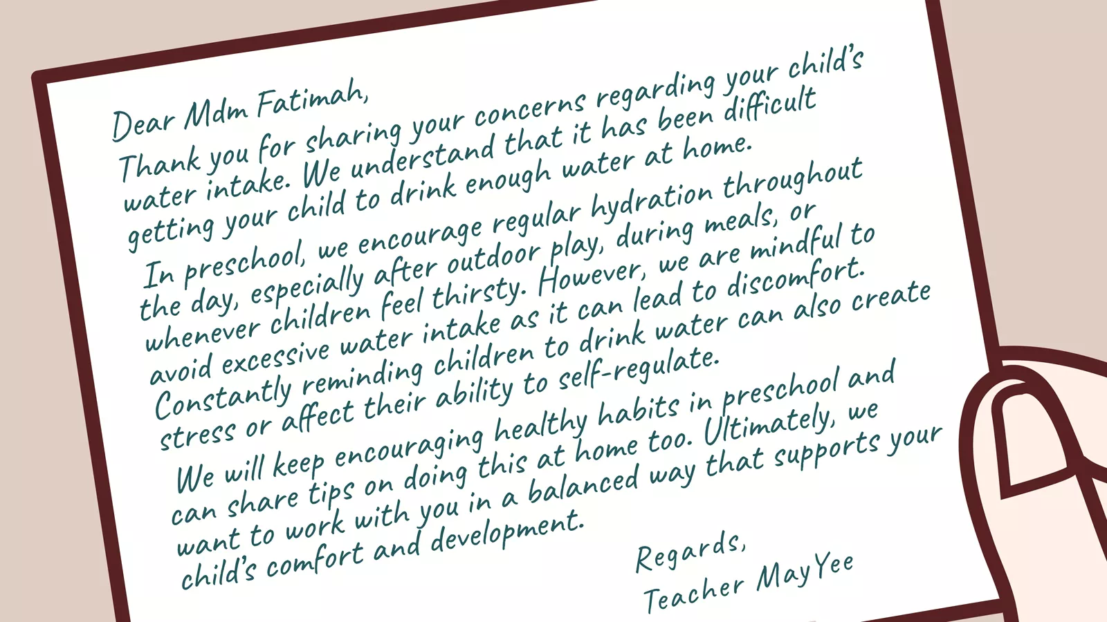 A sample letter by educators showing how to ethically respond to a parent�s request for their child to drink more water.