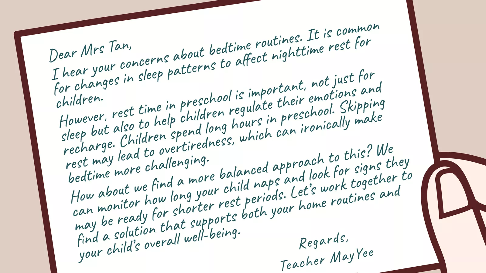 A sample letter by educators showing how to ethically respond to a parent�s request for their child to skip afternoon naps.