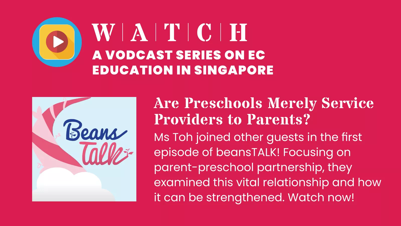 A call-out encouraging users to watch the first beansTALK vodcast episode featuring Stacey Toh and other guests.