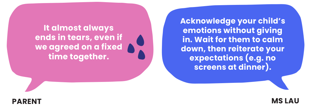 An infographic comprising quotes by parents about challenges managing children�s screen time, and an educator�s responses.
