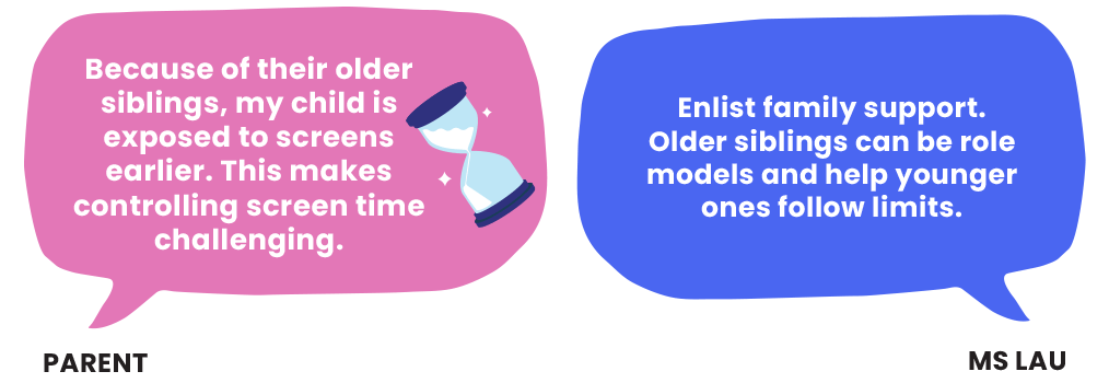 An infographic comprising quotes by parents about challenges managing children�s screen time, and an educator�s responses.