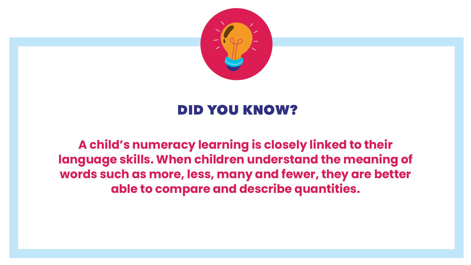 Did you know? A child’s numeracy learning is closely linked to their language skills. When children understand the meaning of words such as more, less, many and fewer, they are better able to compare and describe quantities.