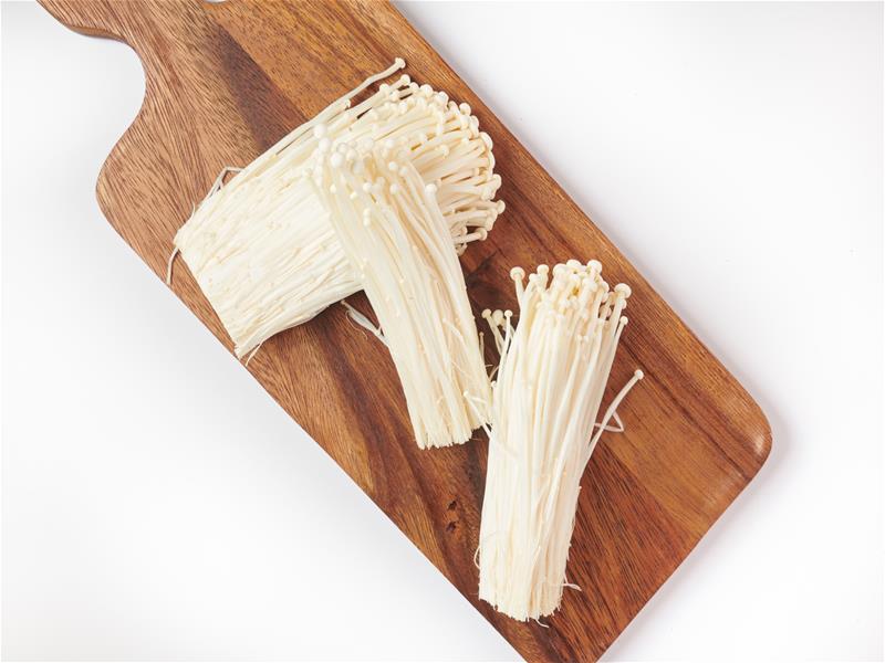 Popular Asian Cuisine Fresh Golden Needle Mushroom Enoki Enokitake Wooden Cutting Board Top View Flat Lay Freshly From Home Growth Organic Garden Food Concept Enoki Mushroom